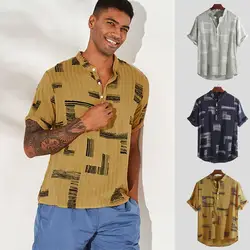 2019 Camisa мужские рубашки Мужской Хлопковый текстиль с принтом стоячий воротник короткий рукав свободные Хенли рубашки мужские рубашки плюс