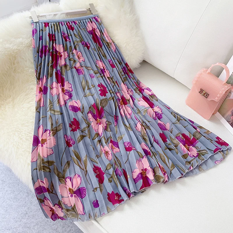 

Women's Floral Print Chiffon Skirt 2019 New Summer High Waist Vintage Lady Elastic Waist Long Skirts Korean Style