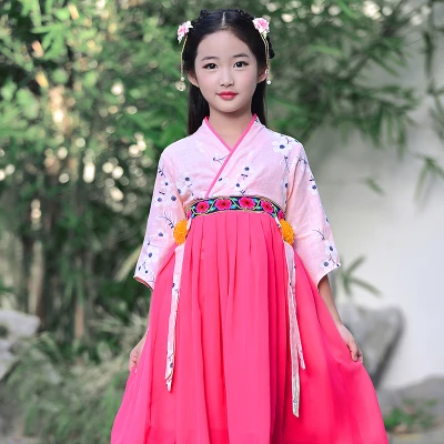 Китайский традиционный костюм Тан hanfu/платье для девочек; китайский национальный костюм; платье феи; Детский костюм Тан; Детский костюм для народных танцев - Цвет: A-RoseRed