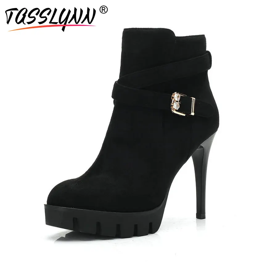 

TASSLYNN 2018 Women Boots Platform Thin High Heels Zipper Convenient Flock PU Ankle Boots Round Toe Heels Women Shoes Size 34-40