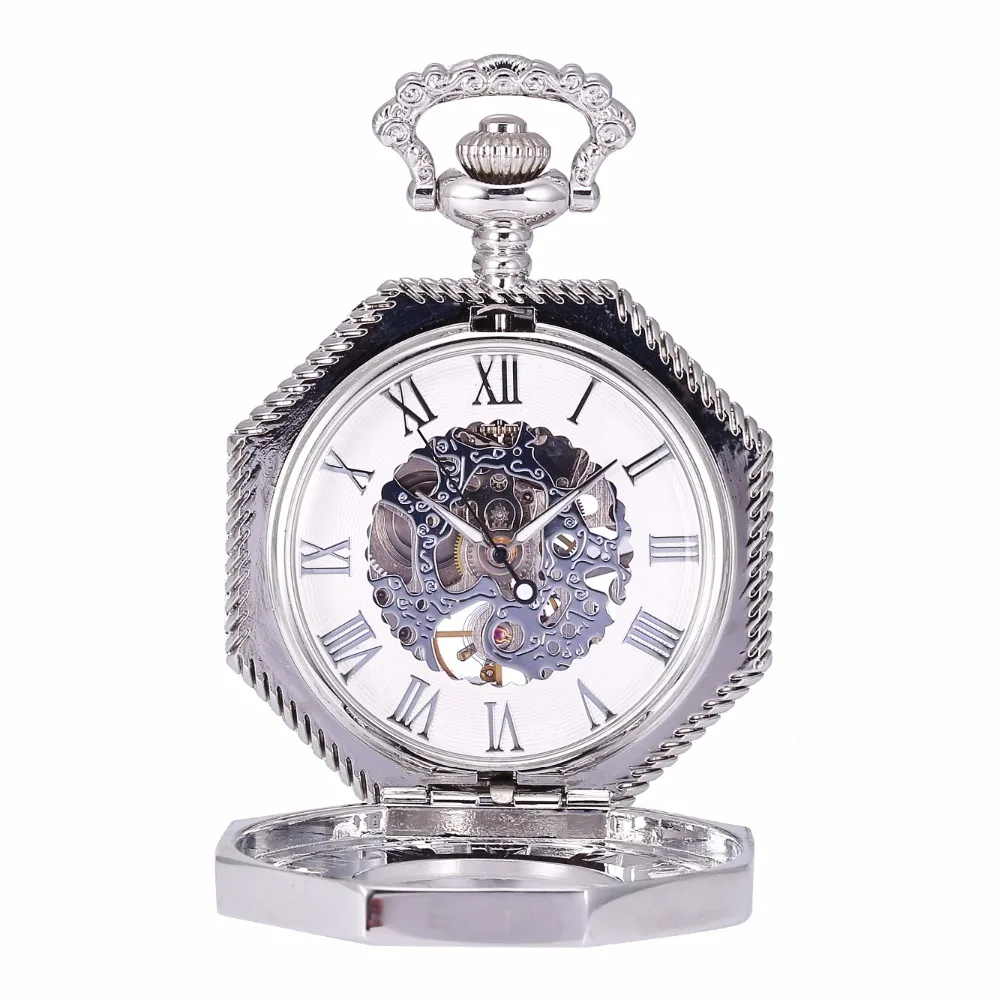 

Vintage Octagon Skeleton Hollow Silver Roman Numerals Hand Winding Movement Mechanical Pocket Watch Clock Chain Jewelry /WPK236