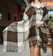 Free Shipping 2016 New Women Novelty Autumn Winter Plaid Tartan Poncho Shawl Checked Scarves Cape