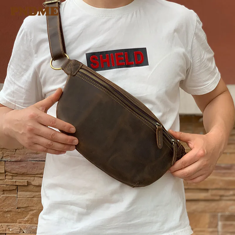 

PNDME vintage simple genuine leather men's chest bag casual simple multi function messenger bags daily light sport waist packs