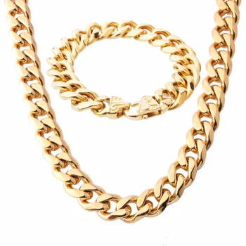 

13/15mm Mens Chain Boys Necklace Curb Cuban Silver Color Black Rose Gold Five Colors Stainless Steel Necklace Bracelet Set