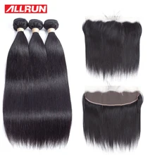 Allrun Indian 3 Bundles Straight Human hair With 13*4 Ear To Ear Lace Frontal Closure Hair Extension Non Remy 4 Pcs/lot
