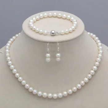 

Hot selling free shipping*****White 7-8mm Real Natural Freshwater Pearl Necklace 23" Bracelet 8.5" Earring Set