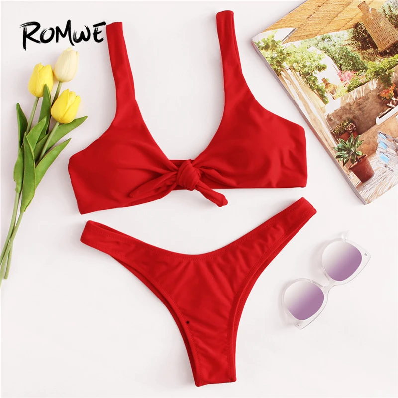 melhor Romwe Esporte Nó de Alta Perna Conjunto Biquíni 2018 Praia Verão Sexy Swimwear Mulheres Biquinis Com Peito Liso Vermelho Com Decote Em V Fino pad