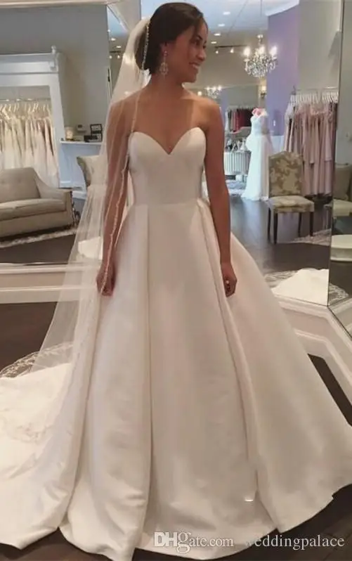 Charming Sweetheart Neck A-line Wedding Dresses Court Train Lace Up Back Satin Bridal Wedding Gowns Vestido De Novia