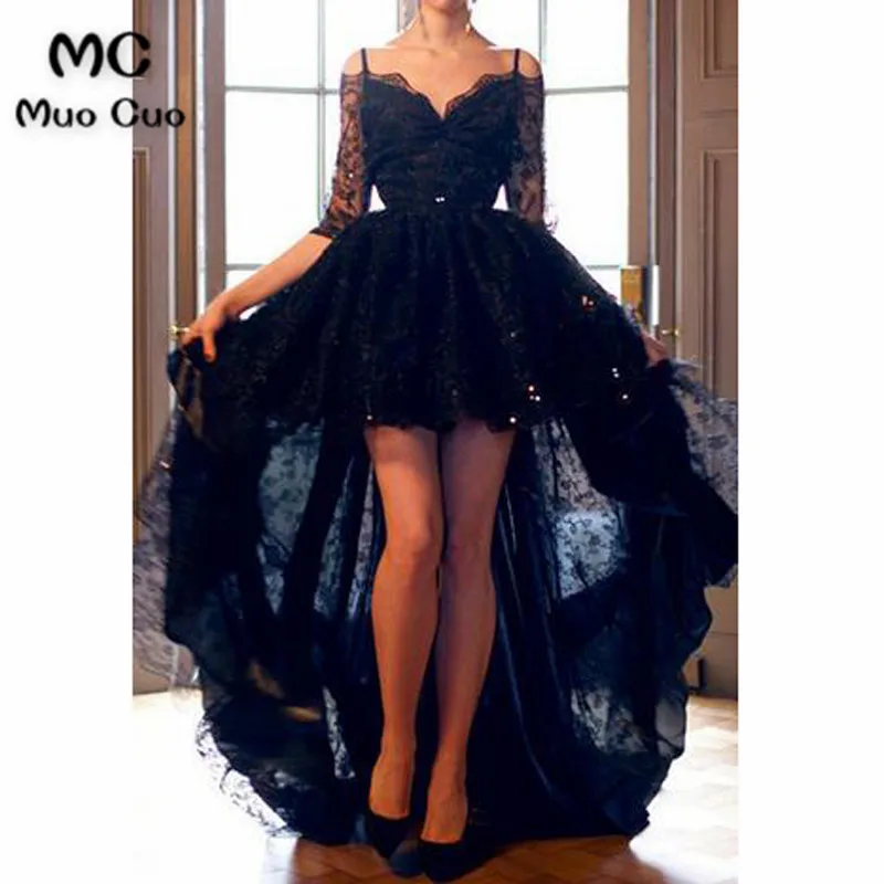 

Black 2019 Hi Lo Gown Evening Party Dresses Half Sleeve Lace Spaghetti Straps long evening dresses for women
