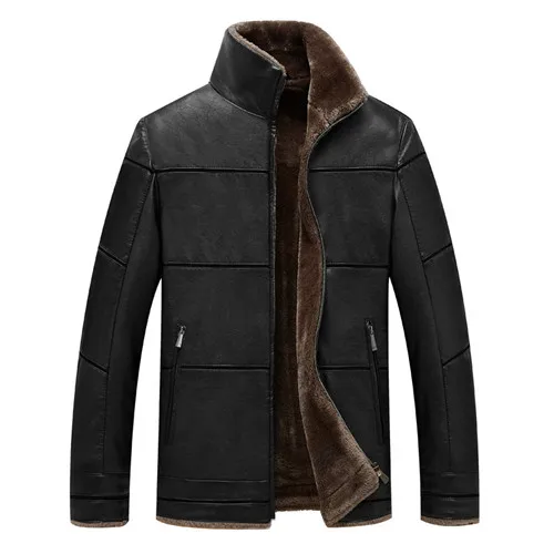 Зимняя кожаная куртка для мужчин, утолщенная теплая ветровка, верхняя одежда, Воротник из овечьего меха, мужские кожаные куртки и пальто, 7XL размера плюс - Цвет: black