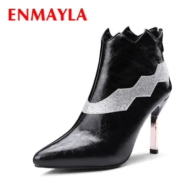 

ENMAYLA Fashion Mixed Color Pointed Toe Ankle Boots for Women High Heels Punk Rock Shoes Woman Black Red Party Boots Pumps