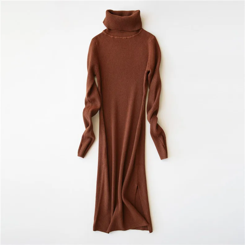 

2018 Women Turtleneck Sweater Split Women Bodycon Sweater Dress Long Pullovers Knitting Women Winter Sweater Femme Tricot Pull