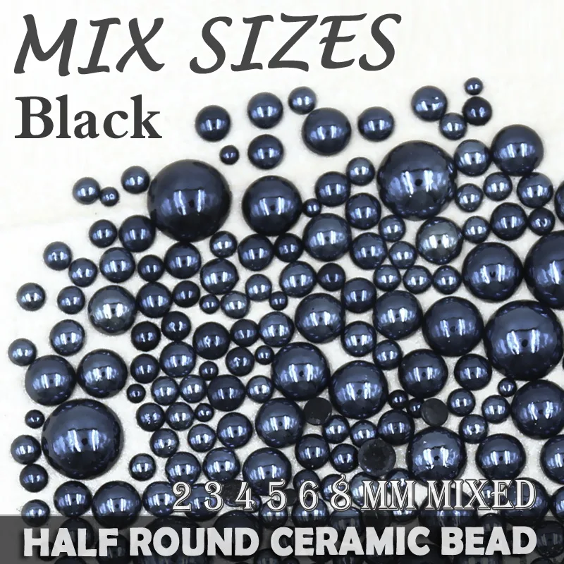 

1100pcs/lot Black Mix Sizes Ceramic Beads Half Round Flatback Pearl 2mm 3mm 4mm 5mm 6mm 8mm mixed for DIY Glue Nail Art Garments