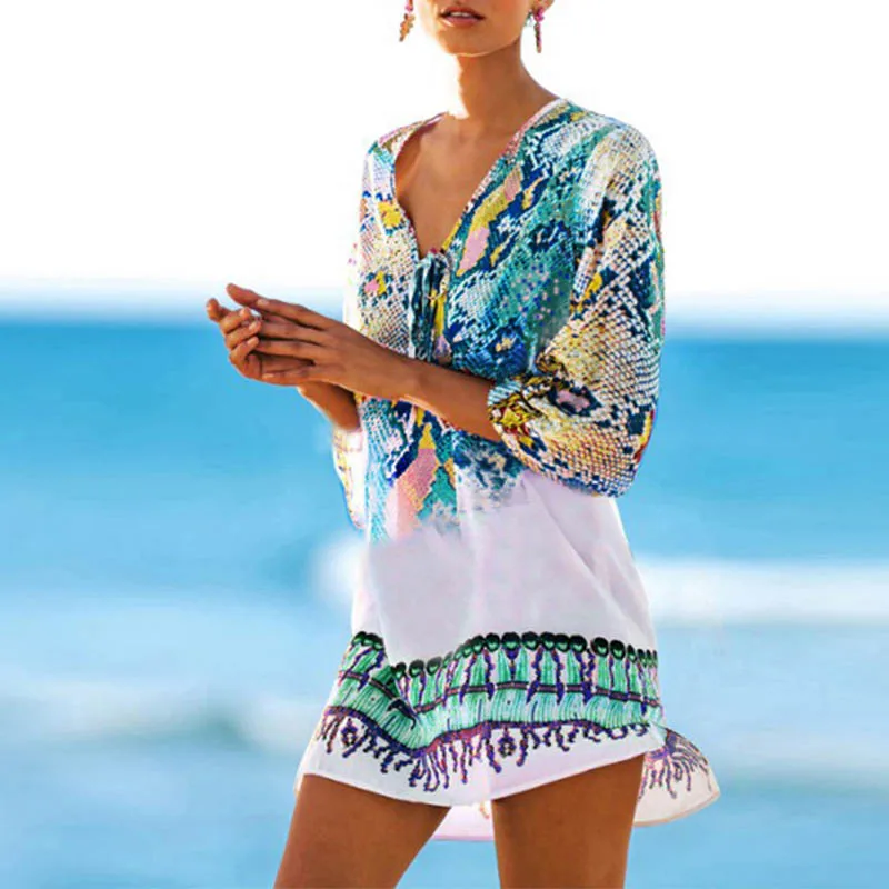 Women's Chiffon V-neck Lace Up Long Blouse Half Sleeve Side Open Beach Snake Bikini Shirts Female 2019 Fashion Casual Women Top