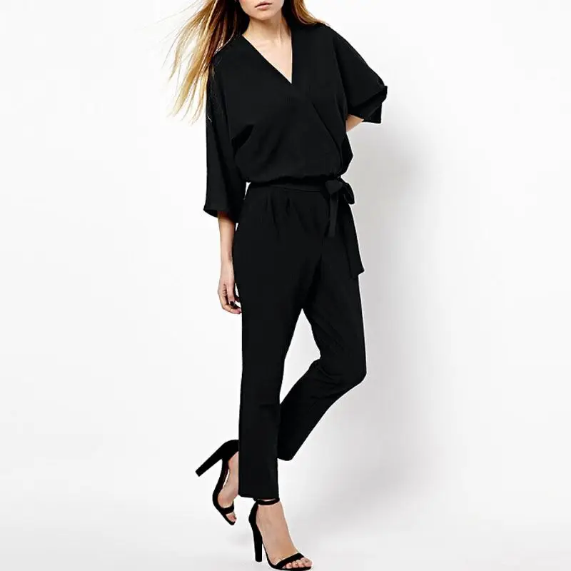Solid Casual Jumpsuit Romper V-neck Three Quarter Sleeve Bodysuit Women Sashes V Neck Jumpsuit Elegant Calf-Length Pants 2019 Solid Casual Jumpsuit Romper V-neck Three Quarter Sleeve Bodysuit Women Sashes V Neck Jumpsuit Elegant Calf-Length Pants 2019