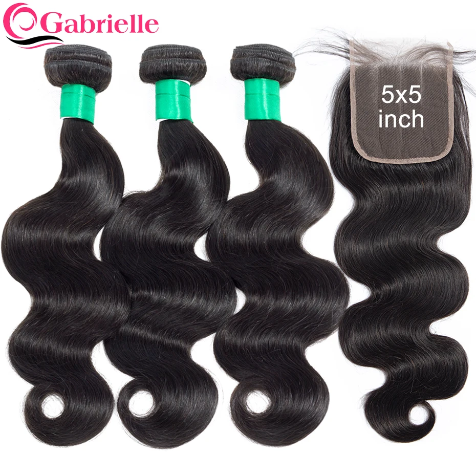 

Gabrielle Hair Brazilian Body Wave Bundles with 5x5 Closure Free Middle Three Part Natural Color 100% Remy Human Hair Extension