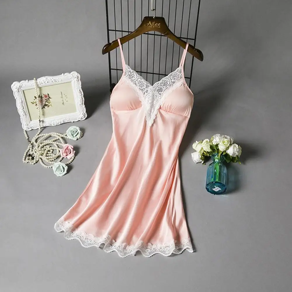 

Satin Sleepwear Women Ladies Nightwear Nightdress Sexy Lingerie with Chest Pads Nightgown Pijamas Nightdress Lace Sleepwear 2019