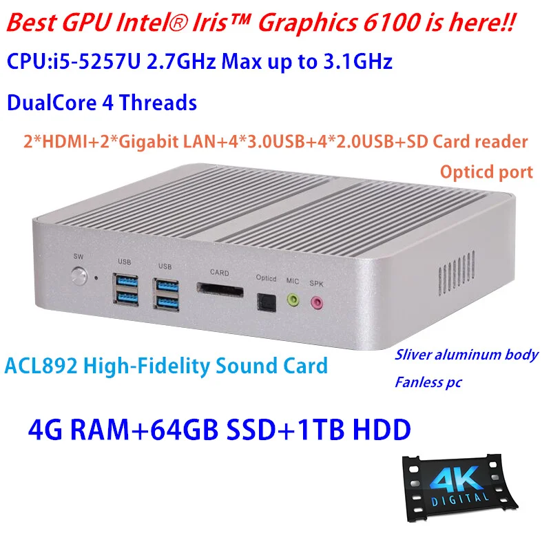 Top GPU Iris HD 6100 Broadwell Intel Core i5-5257u Fanless Gaming Mini PC with 4GB RAM+64GB+1TB HDD SSD HTPC Hi-Fi Sound Card