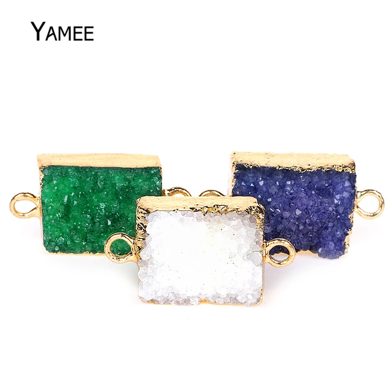 

1PC Druzy Connector Gold Plating White Druzy Crystal Pendant Double Bails Rectangle Natural Stone Pendants for Necklace Bracelet