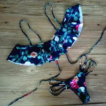 Сексуальный купальник женский бикини набор Пуш-ап бюстгальтер с мягкими чашечками Бинт Купальник цветочный принт пляжная одежда купальники с открытыми плечами купальный костюм