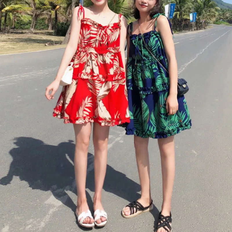 

New 2019 summer dress width loose Korean women's long section printed chiffon dress adjustable strap dress girlfriends fashion