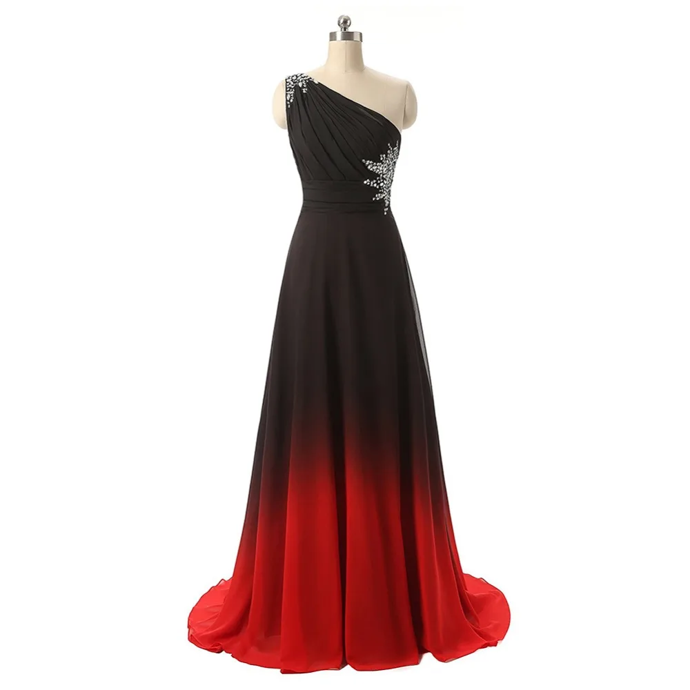 

2019 Elegant Women Dress for Evening Party High Waist Pleated Retro Ladies Dress Gradient Color One Shoulder Chiffon Long Dress