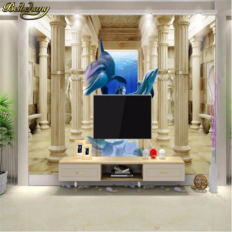 

beibehang Custom photo wall paper Modern painting flying dolphin Rome column simple living room sofa 3d mural wallpaper roll