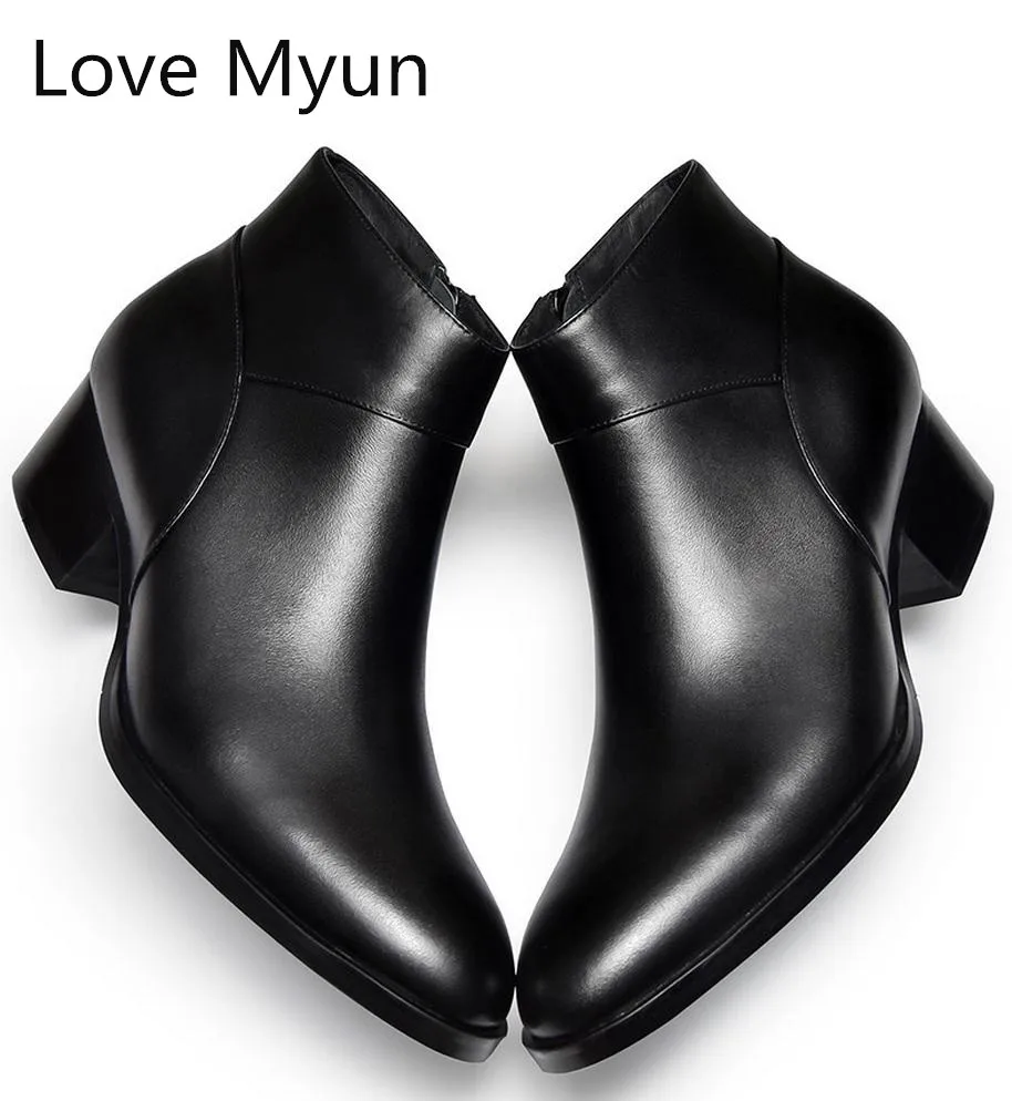 mens genuine leather boots high heels 