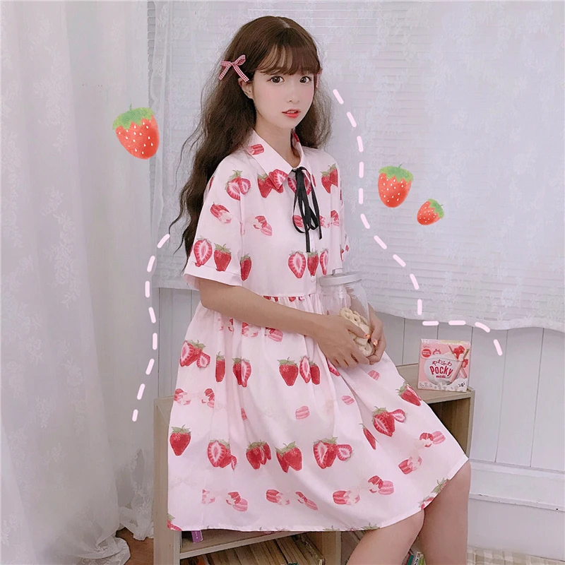 

New Summer Dress Women Small Fresh Pink Dress Cotton Cute Strawberry Dress Casual Button Dress Fashion Bow Dresses Female