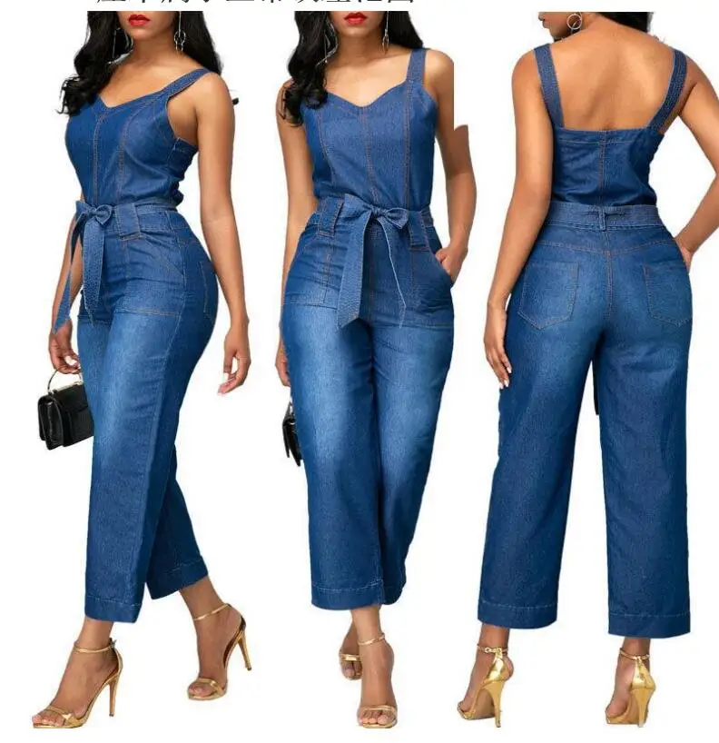 

Fengguilai 2019 Summer New Arrival Casual Women Denim Jumpsuits Color Solid Spaghetti Strap Ladies Rompers SY-7019