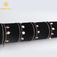 FINE4U B121 Stainless Steel Coin Star Charm Bracelet Double Layer Rose Gold/Silver Color Link Bracelets 2019 Summer Jewelry
