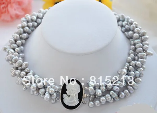

ddh00358 4row 18" 7mm gray rice pearl freshwater pearl necklace