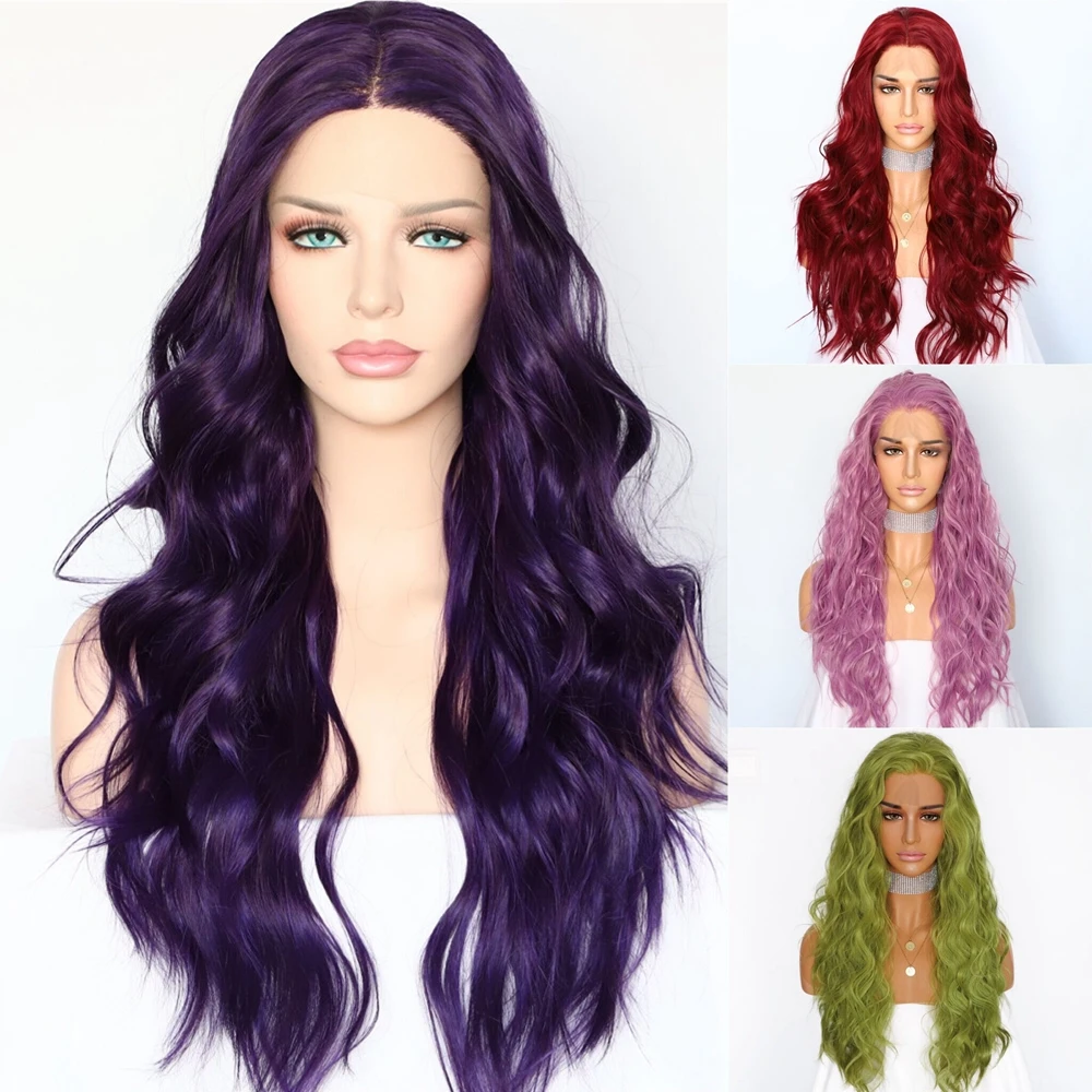 

Lvcheryl Long Dark Purple Natural Wave Hair Wigs Heat Resistant Fiber Hair Synthetic Lace Front Wigs for Women Party Makeup