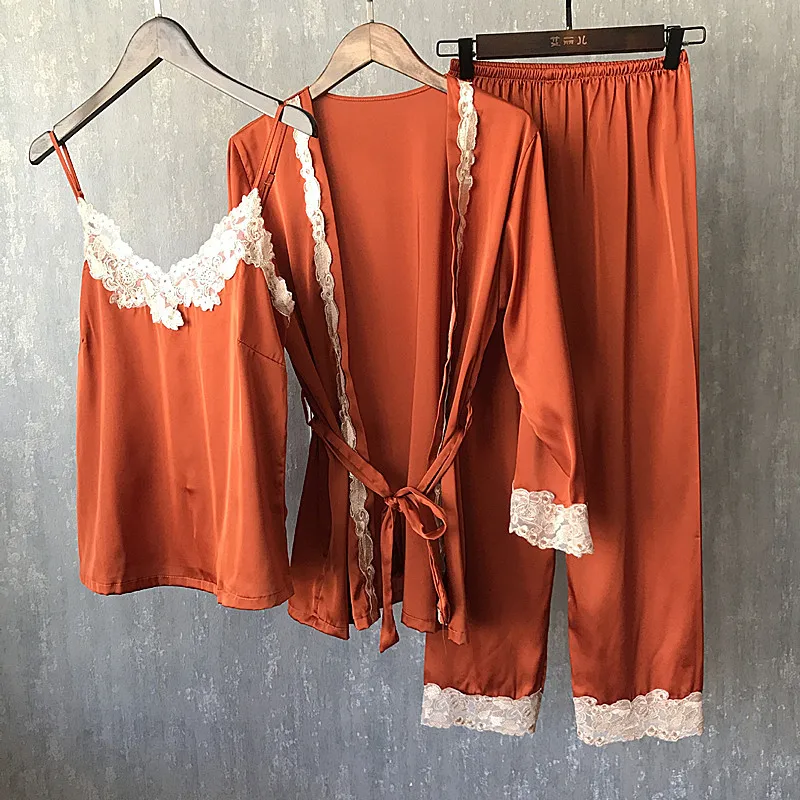 

New Pyjamas 3 Pieces Silk Satin Women Pajama Set Autumn Winter Long Sleeve Trousers Sleepwear for Night Suit Homewear Pijama