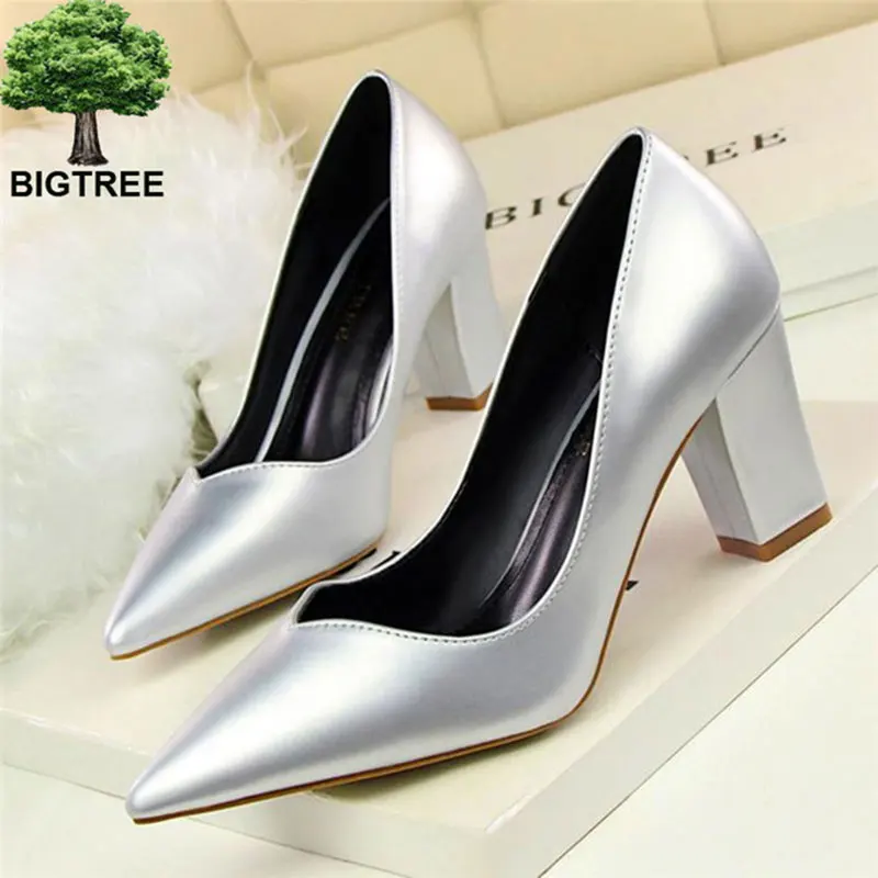 

BIGTREE Office Square Ladies High Heels Pu Leather Concise Women Pumps Pointed Toe Shallow Woman Work Shoes