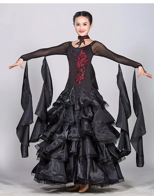 Черный социальных платье для бальных танцев конкуренции платья вальс танец платье бахрома светящиеся костюмы стандартные Бальные платья