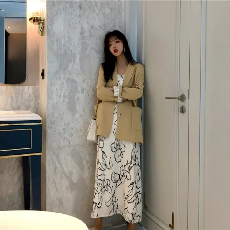

2019 Women Long Sleeve Loose Jacket Vintage Single Breasted Solid Blazers Spring Office Lady Thin Suit