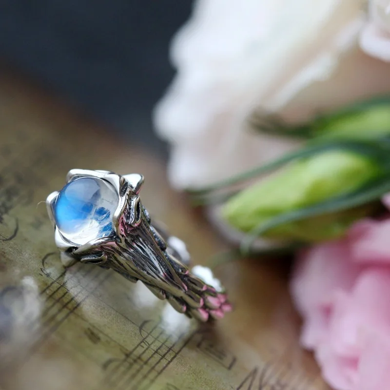 Натуральный лунный камень синего цвета каменное серебряное кольцо старинные кольцо из стерлингового серебра 925 Прямая с фабрики