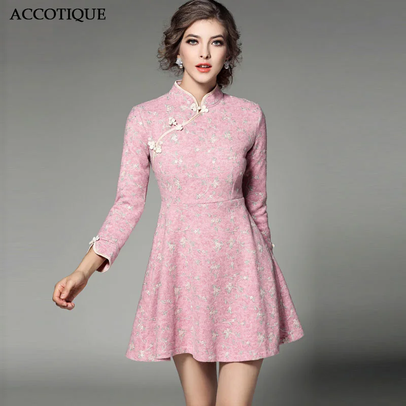 

Chinese Style Women's Spring Summer Embroidery Flower Print Ball Gown Lady Fashion Pink Slim Stand Elegant Short Dresses