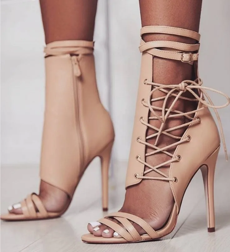 

OLOMM Roman Buckle Strap Shoes Women Sandals Sexy Gladiator Lace Up Peep Toe Sandals High Heels Woman Ankle Boots Black Aprict