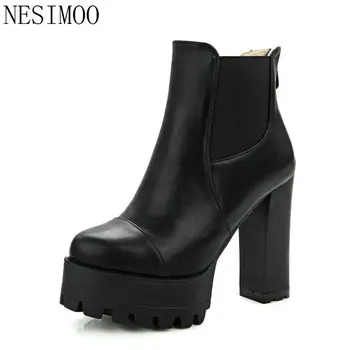 

NESIMOO Size 34-43 Fashion Zipper 2017 Round Toe PU Leather Women Shoes Square High Heel Ankle Boot Women Motorcycle Boot