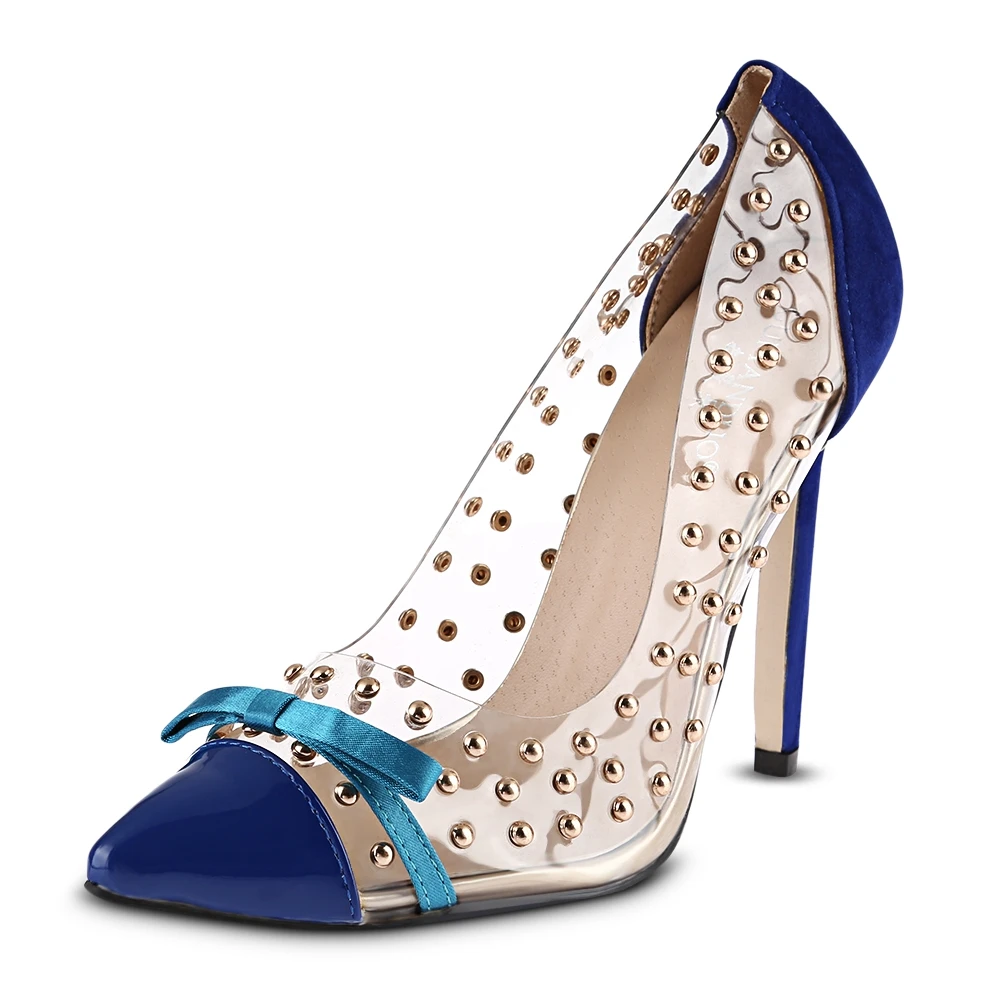 2017 New High Heel Shoes Sexy Transparent Rivet Bowknot Embellishment Ladies Thin Heel Shoes Pump