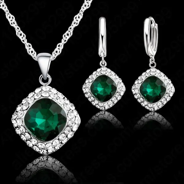 Высокое качество 925 пробы серебряный комплект ювелирных изделий короткая цепочка Шарм квадратный кулон ожерелье Серьги Кристалл для женщин - Окраска металла: green
