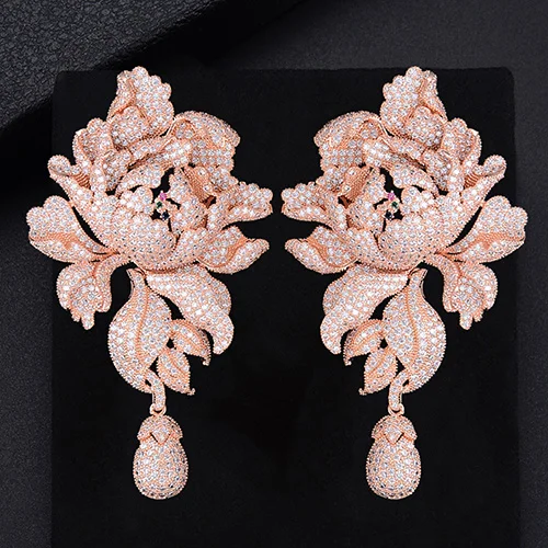 76 мм Популярные цветок хризантемы пирсинг полный кубический цирконий Висячие серьги для женщин Свадебные ювелирные изделия - Окраска металла: Rose gold