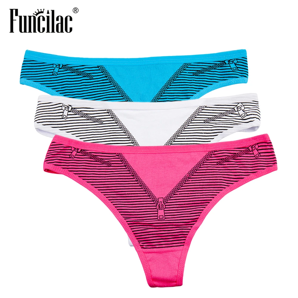 FUNCILAC Underwear Women Zipper Striped Print G Strings Ladies T back