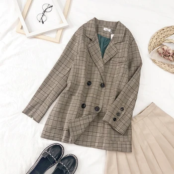 

2019 Autumn Blazer Women Coat Vintage Double Breasted Office Ladies Plaid Blazers Long Sleeve Loose Houndstooth Suit Jacket R360