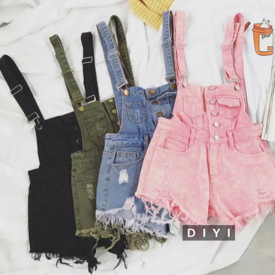 

2018 Women Denim Jeans Single-breasted Casual Hole Jumpsuit Romper Overalls jeans shorts