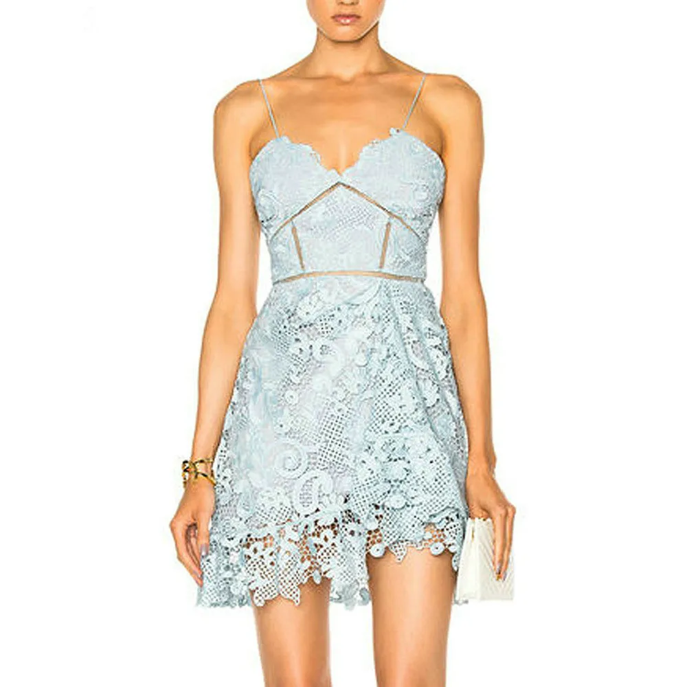 

Blue Crochet Lace Spaghetti Strap Mini Vintage Dress 2017 Women Scalloped Hem A Line Sleeveless Zipper Back Elegant Clothing