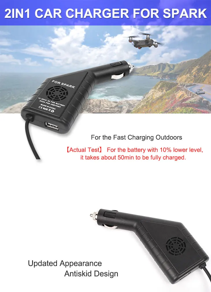 Портативное автомобильное зарядное устройство для DJI Spark Drone батарея пульт дистанционного управления с usb зарядным портом зарядное устройство для путешествий для автомобиля