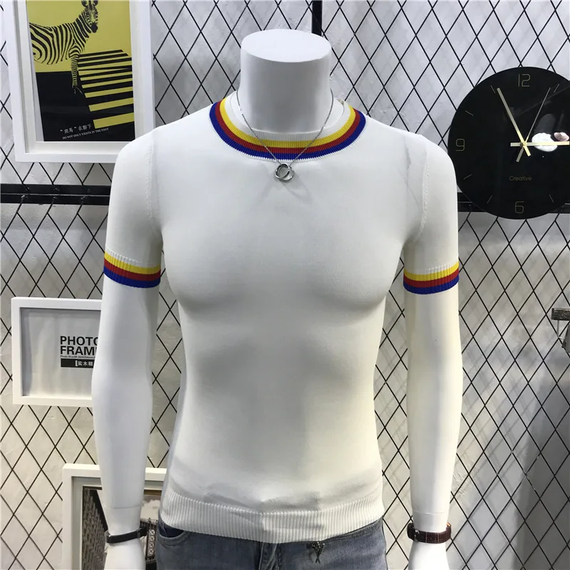 

Men Stripe Short Sleeve Sweater Knitted T-shirt Male Summer Fashion Casual Slim Fit Pullover Sweater Tees Shirts